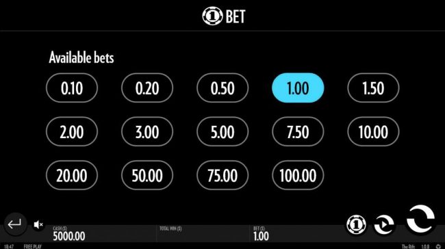 Available Bets - from 0.10 to 100.00