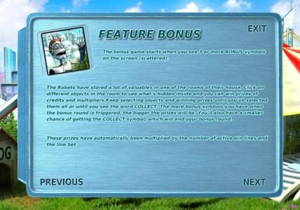 FEATURE BONUS, 3 FEATURE BONUS symbols visible (scattered) will activate the bonus round.