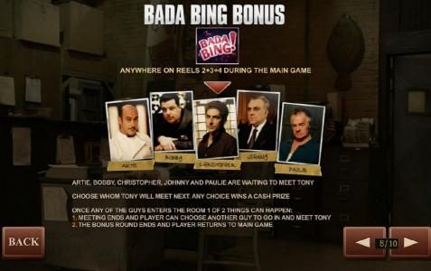 Bada Bing Bonus anywhere on reels 2+3+4 during main game play