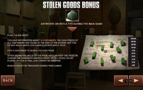 stolen goods bonus - anywhere on reels 1 and 5 during the main game