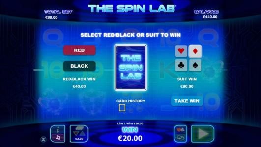 Gamble feature is available after each winning spin. Select color or suit to play.