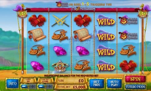 main game board featuring five reels, 50 paylines and bonus features