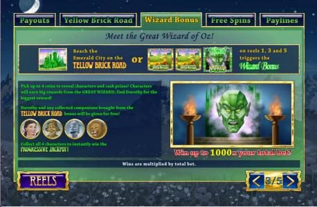 reach the emerald city on the yellow brick road bonus or two bonus symbols and a wizard bonus on reels 1, 3 and 5 triggers the wizard bonus feature