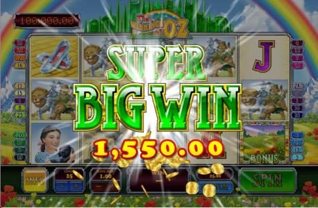 five of a kind, lion, tin man and scare crow symbols lead to a super big win 1,550 coin jackpot