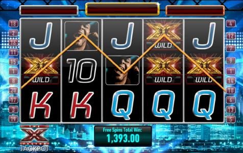 five of a kind triggers a 1393 coin big win during free spins bonus feature.