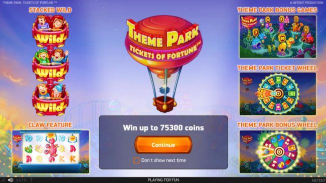 game features include: stacked rollercoaster wilds, claw feature, Theme Park Bonus Games, Theme Park Ticket Wheel and Theme Park Bonus Wheel.