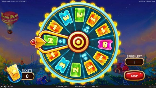 Stop the Theme Park Ticket Wheel to win as many tickets as possible for bonus game play.
