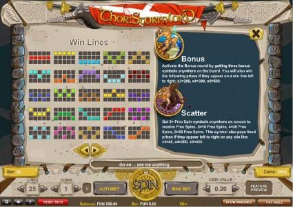 Bonus and scatter symbol paytable along with payline diagrams