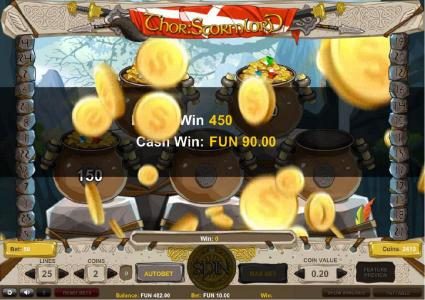 The bonus game pays out a total of 450 coins for a big win.
