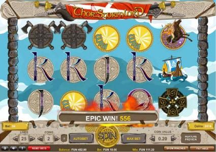 Multiple wild symbols triggers an epic win, 556 coins