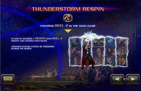 Thuderstorm Respin - player is awarded 1 respin with reel 2 frozen and covered with wilds