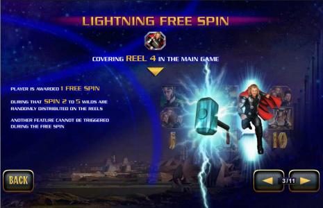 Lightning Free Spin - covering reel 4 in the main game - player is awarded 1 free spin