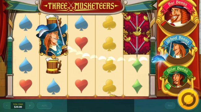 When one of the Three Musketeers lands on the reels, the corresponding progress bar will be filled. Once filled the corresponding feature will be activated.