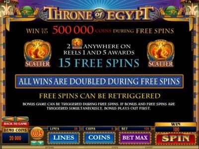 2 scatter symbols anywhere on reels 1 and 5 awards 15 free spins
