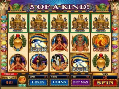 here is an example of a five of a kind triggering a 625 coin jackpot