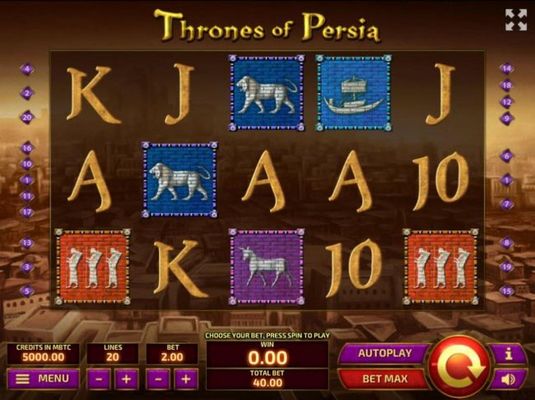 An ancient Persia themed main game board featuring five reels and 20 paylines with a $10,000 max payout