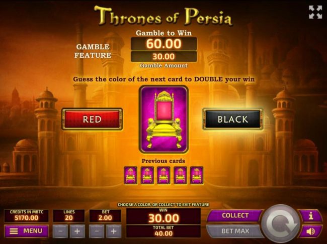 Gamble Feature - To gamble any win press Gamble then select Red or Black.