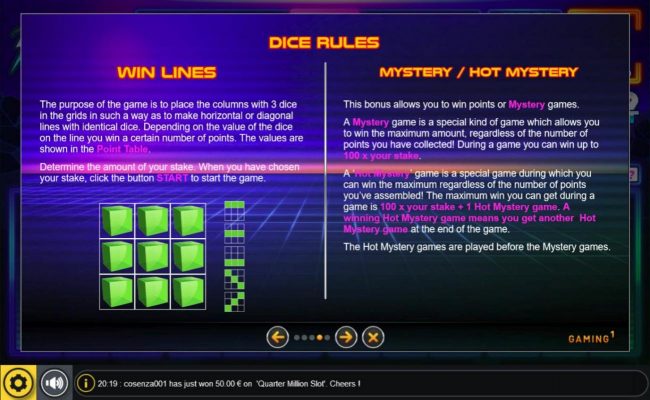 Dice Rules, Win Lines and Mystery / Hot Mystery Rules