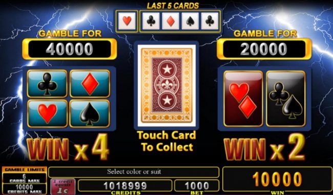 Gamble Feature - To gamble any win press Gamble then select Red or Black or Suit