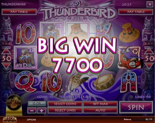 Multiple winning paylines triggers a 7,700 coin big win!