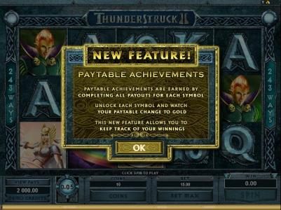 ThunderStruck II slot game new feature payout achievements
