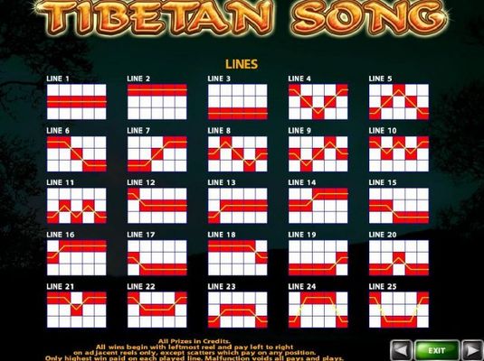 Payline Diagrams 1-25. All wins begin with the leftmost reel and pay left to right on adjacent reels only, except scatters which pay on any position.