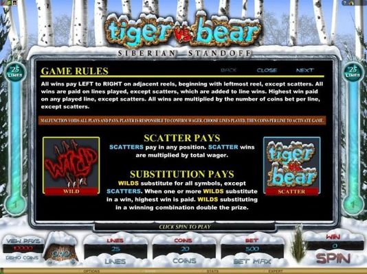 Game Rules, Scatter Pays and Wild Pays.