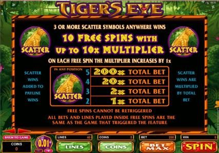 3 or more scatter symbols anywhere wins 10 free spins with up to 10x multiplier