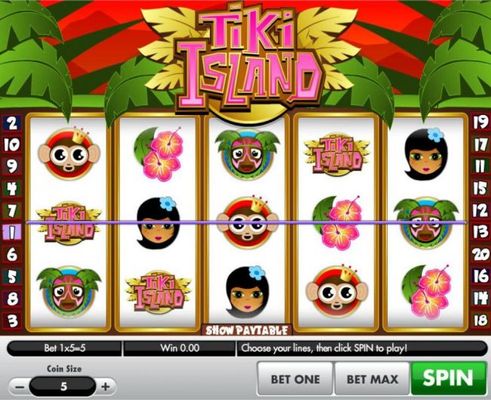 A tropical island themed main game board featuring five reels and 25 paylines with a $100,000 max payout