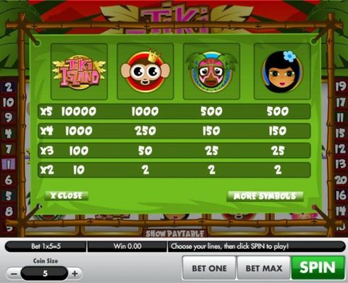High value slot game symbols paytable featuring tropical island inspired icons.