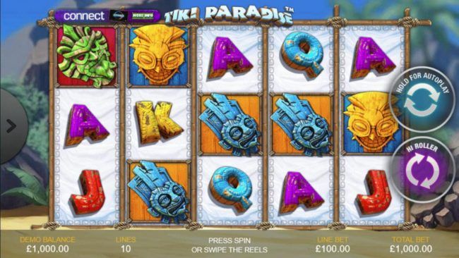 A tropical island themed main game board featuring five reels and 10 paylines with a $25,000 max payout