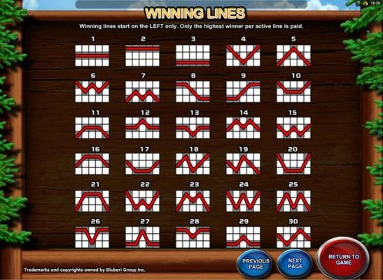 Payline Diagrams 1-30. Winning lines start on left only. Only the highest winner per active line is paid.