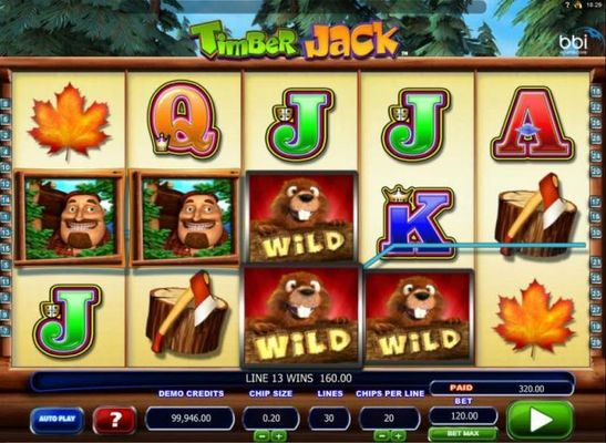 A trio of wild symbols on the 3rd and 4th reels triggers a pair of winning [aylines leading to an 320.00 jackpot!