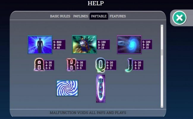 Slot game symbols paytable.