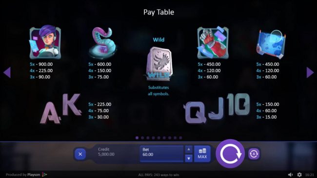 Slot game symbols paytable.