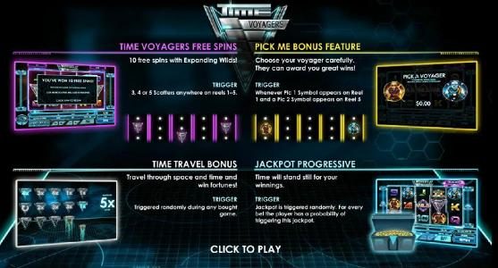 This game features Time Voyagers Free Spins, Pick Me Bonus Feature, Time Travel Bonus and a Jackpot progressive