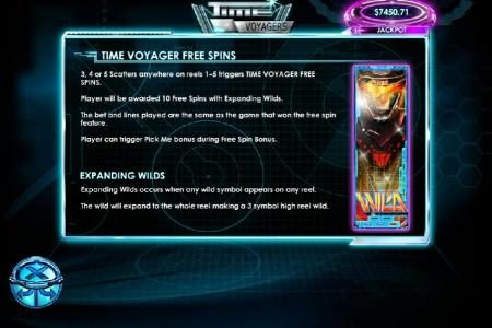 Time Voyager Free Spins - 3, 4 or 5 scatters anywhere on reels 1-5 triggers feature. Player awarded 10 free spins with expanding wilds.