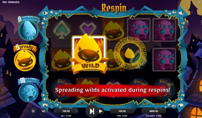 Spready turns into a wild symbol and respins the reels