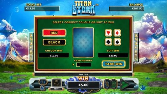 Gamble feature is available after each winning spin. Select color or suit to play.