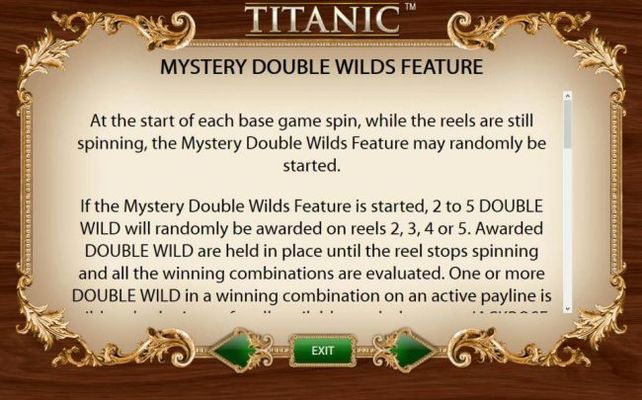 Mystery Double Wilds Feature - At the start of each base game spin, while the reels are still spinning, the Mystery Double Wilds feature may be randomly started.