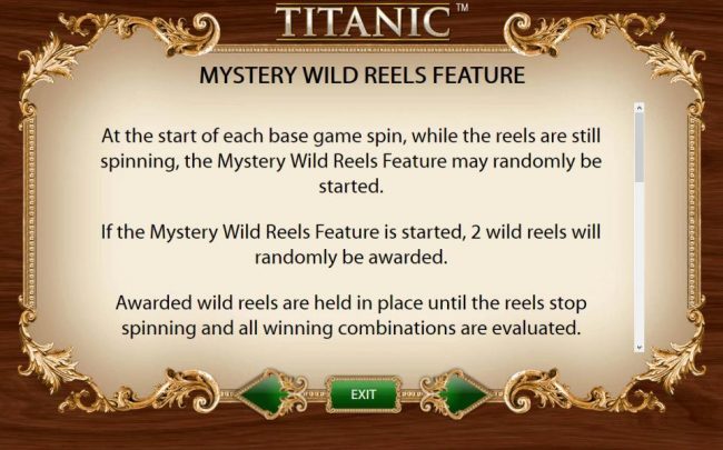 Mystery Wild reels Feature - At the start of each base game spin, whille the reels are still spinning, the Mystery Wild Reels Feature may be randomly started.