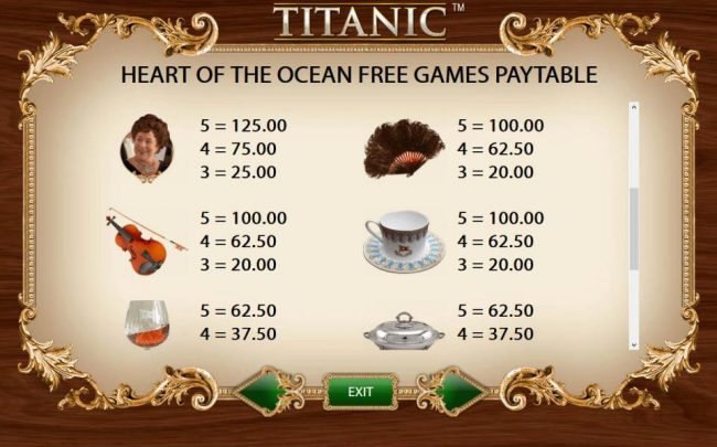 Heart of the Ocean Free Games Feature Paytable - Medium Value Symbols