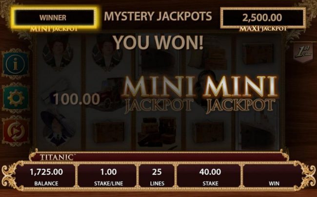 The Mini Jackpot is awarded and a 500.00 prize is added to the balance.