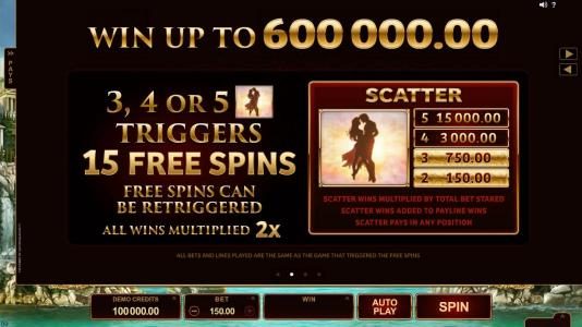 Win up to 600,000.00 3, 4 or 5 LOVER scatter symbols triggers 15 free spins. Free spins can be re-triggered. All wins multiplied by 2x.