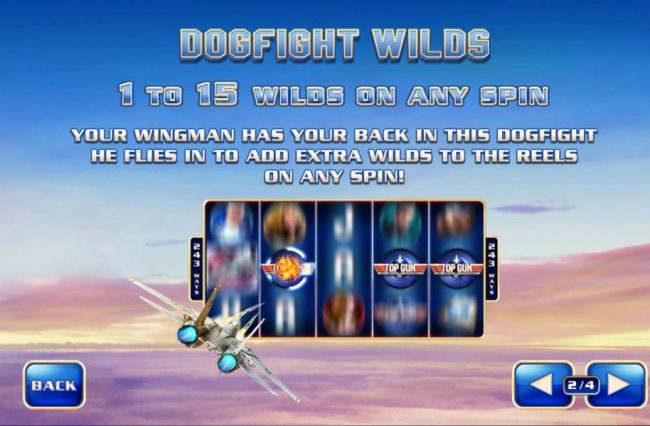 Dogfight Wilds - 1- to 15 wilds on any spin. Your wingman has your back in this dogfight heflies in to add extra wilds to the reels on any spin!