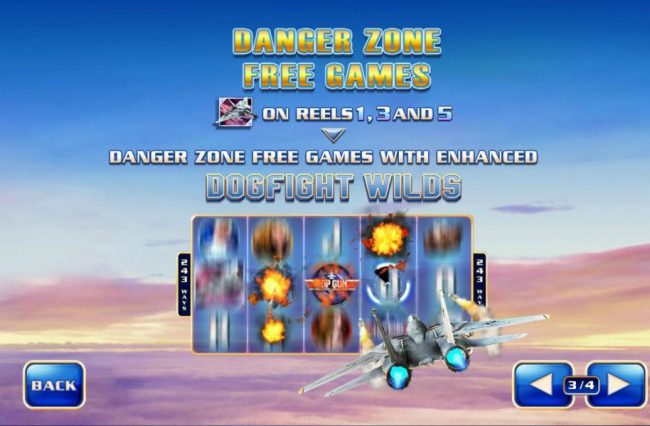 Danger Zone Free Games - F-14 Tomcat on reels 1, 3 and 5 awards Danger Zone Free Games with enhanced dogfight wilds.