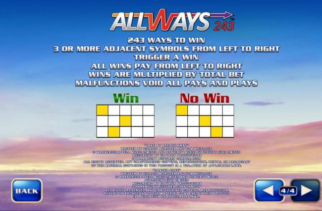 Allways 243 - 243 ways to win 3 or more adjacent symbols from left to right trigger a win. All wins pay from left to right. Wins are multiplied by total bet.