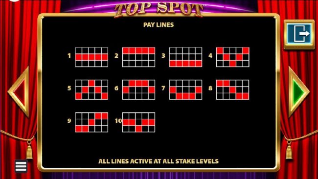 Payline Diagrams 1-10 - All lines active at all stake levels.