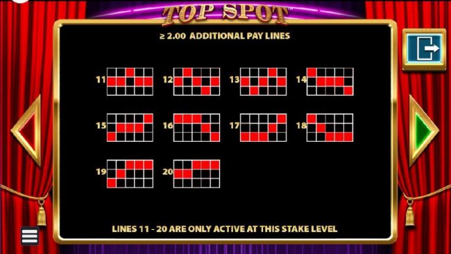 Payline Diagrams 11-20 - Lines 11-20 are only active at this stake level, 2.00 or greater.