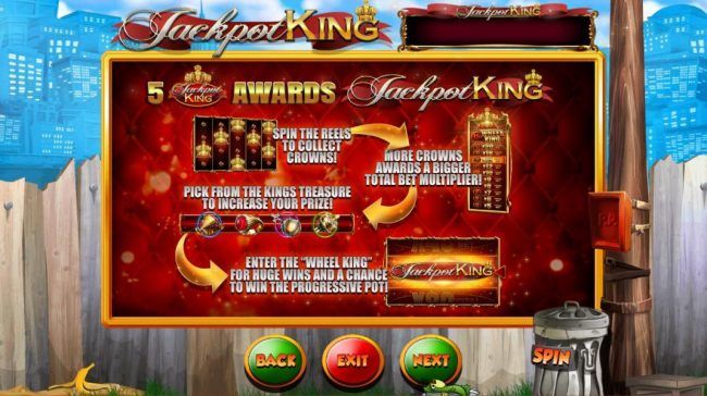 5 Jackpot King symbols awards Jackpot King/ Spin the reels to collect crowns! More crowns awards a bigger total bet multiplier! Pick from the Kings Treasure to increase your prize! Enter the Wheel King for huge wins and a chance to win the progressive pot
